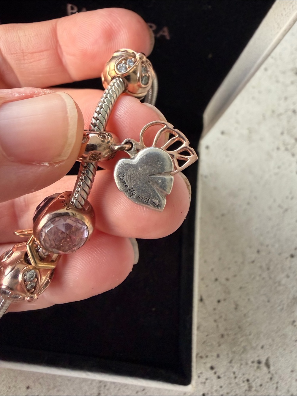 2 Pandora Two-Tone Charm Bracelets with Rose Gold Floral Charms & Gold Bee - Picture 6 of 15